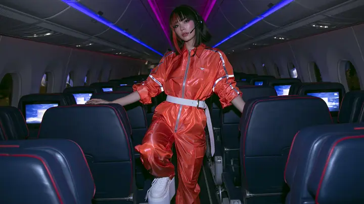 Jet-set high fashion editorial, a couture magazine story shot on a night flight: a full-length shot down the aisle of a Caucasian American woman in her late twenties with pale skin and a glossy black blunt bob with…
