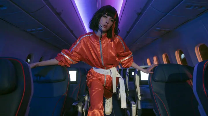 Jet-set high fashion editorial, a couture magazine story shot on a night flight: a full-length shot down the aisle of a Caucasian American woman in her late twenties with pale skin and a glossy black blunt bob with…
