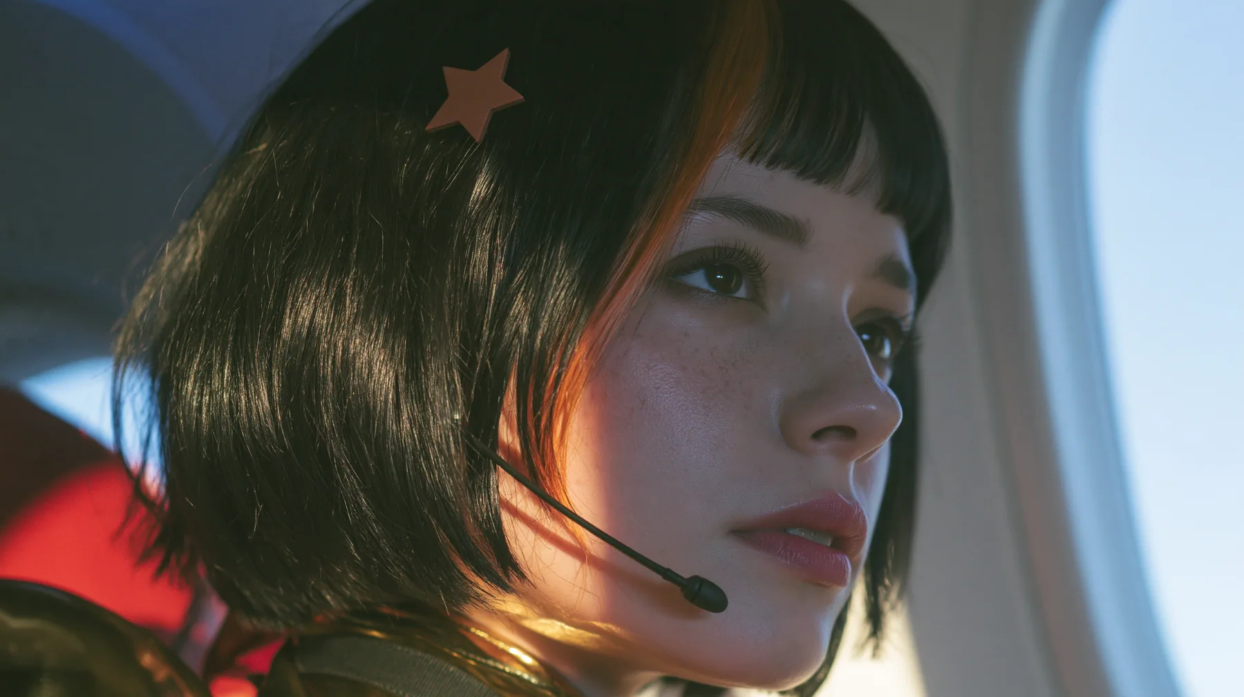 Jet-set high fashion editorial, a couture magazine story shot on a night flight: a close-up profile of a Caucasian American woman in her late twenties with a grown-up angular face, defined cheekbones and a strong…