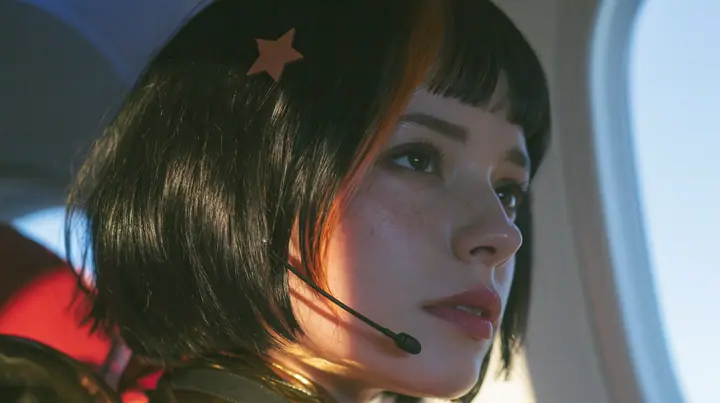Jet-set high fashion editorial, a couture magazine story shot on a night flight: a close-up profile of a Caucasian American woman in her late twenties with a grown-up angular face, defined cheekbones and a strong…