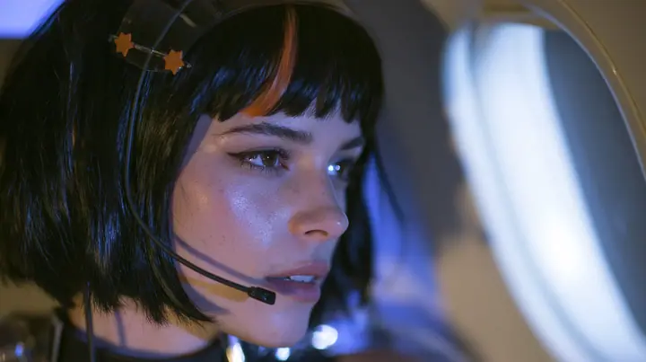 Jet-set high fashion editorial, a couture magazine story shot on a night flight: a close-up profile of a Caucasian American woman in her late twenties with a grown-up angular face, defined cheekbones and a strong…
