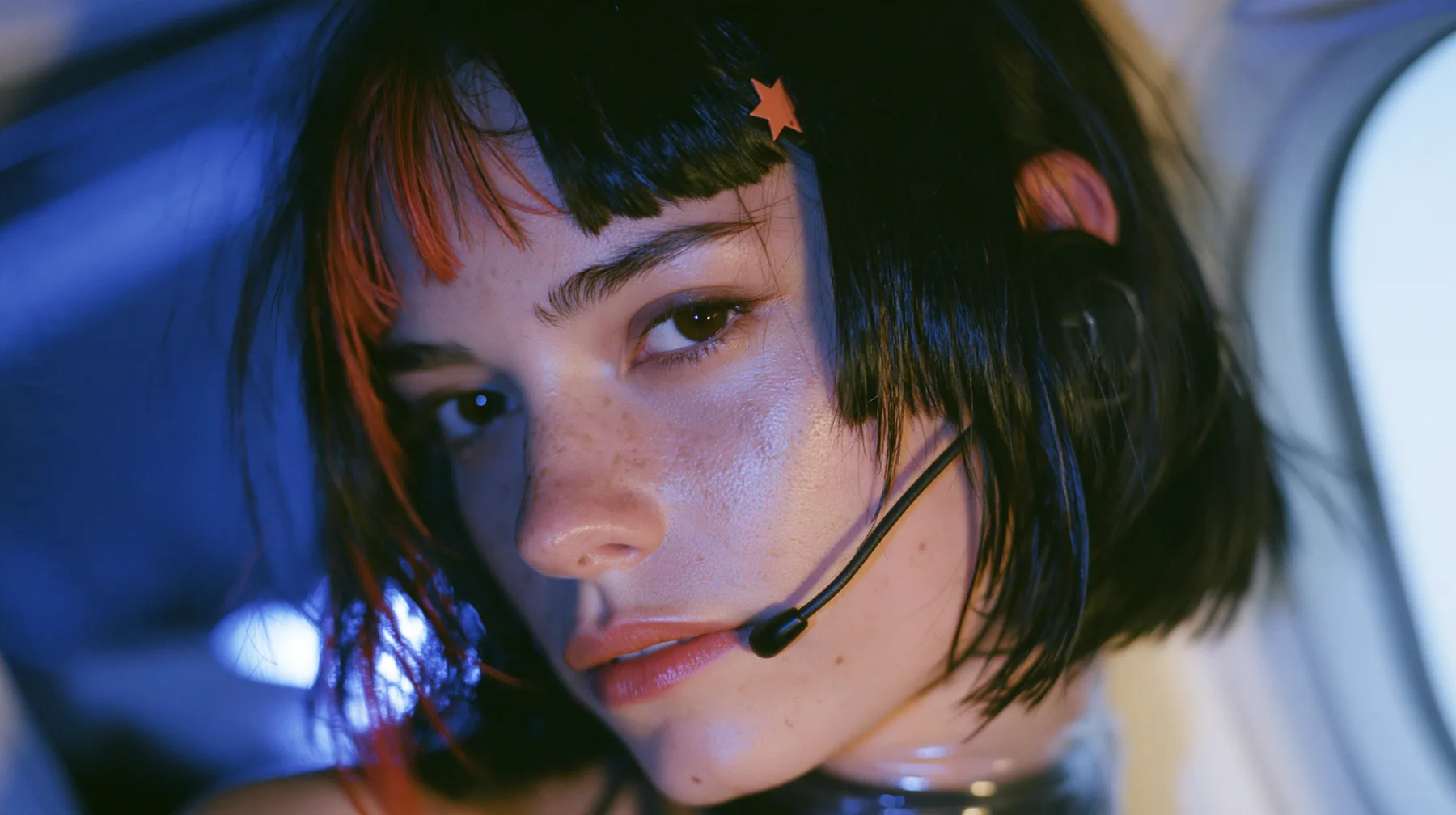 Jet-set high fashion editorial, a couture magazine story shot on a night flight: a close-up profile of a Caucasian American woman in her late twenties with a grown-up angular face, defined cheekbones and a strong…