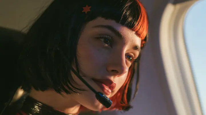 Jet-set high fashion editorial, a couture magazine story shot on a night flight: a close-up profile of a Caucasian American woman in her late twenties with a grown-up angular face, defined cheekbones and a strong…