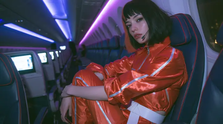 Jet-set high fashion editorial, a couture magazine story shot on a night flight: a medium-wide shot from the aisle of a Caucasian American woman in her late twenties with pale skin and a glossy black blunt bob with…