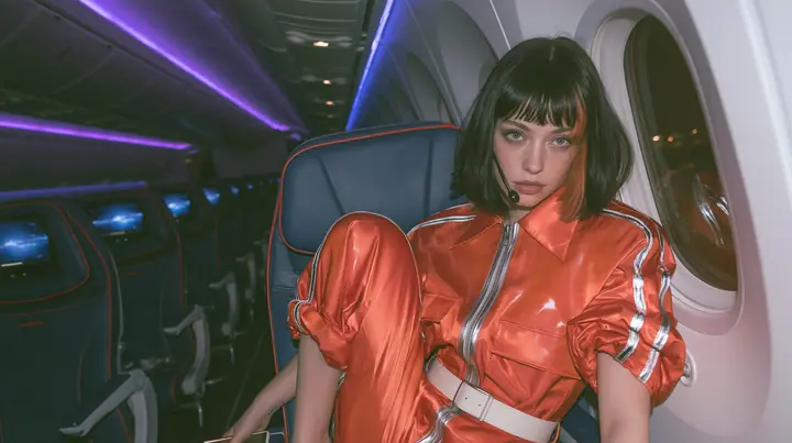 Jet-set high fashion editorial, a couture magazine story shot on a night flight: a medium-wide shot from the aisle of a Caucasian American woman in her late twenties with pale skin and a glossy black blunt bob with…