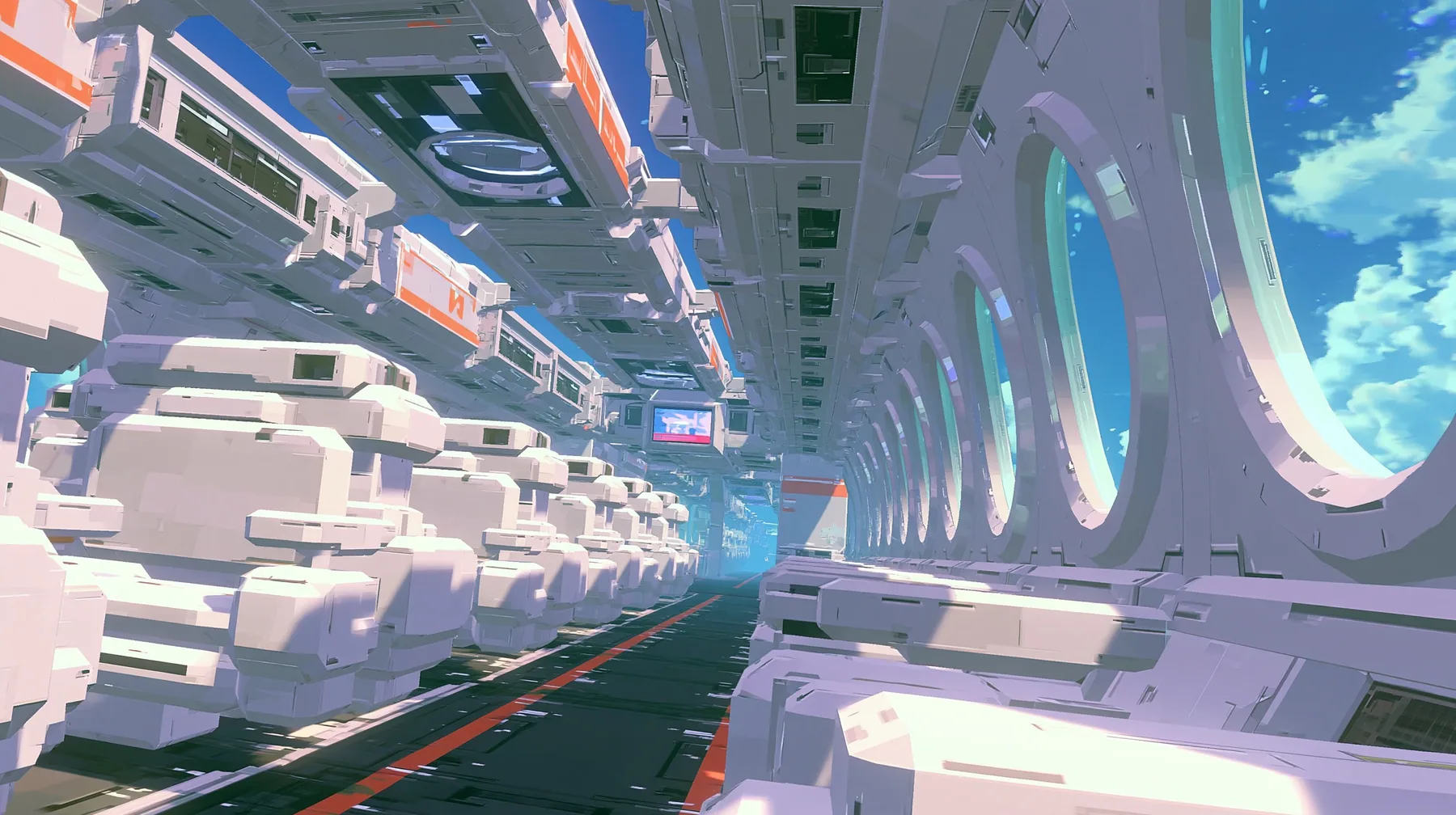 The inside of a low-poly airliner cabin, rows of chunky seats, oval windows full of cyan sky, a low-poly 3D video game render, flat-shaded chunky polygons, low-resolution painted textures, crisp aliased edges, toon…