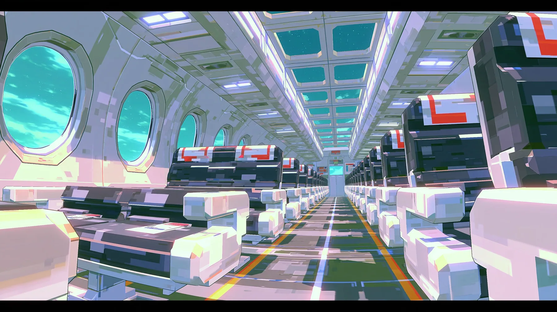 The inside of a low-poly airliner cabin, rows of chunky seats, oval windows full of cyan sky, a low-poly 3D video game render, flat-shaded chunky polygons, low-resolution painted textures, crisp aliased edges, toon…