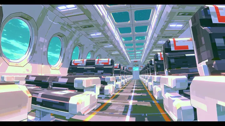 The inside of a low-poly airliner cabin, rows of chunky seats, oval windows full of cyan sky, a low-poly 3D video game render, flat-shaded chunky polygons, low-resolution painted textures, crisp aliased edges, toon…