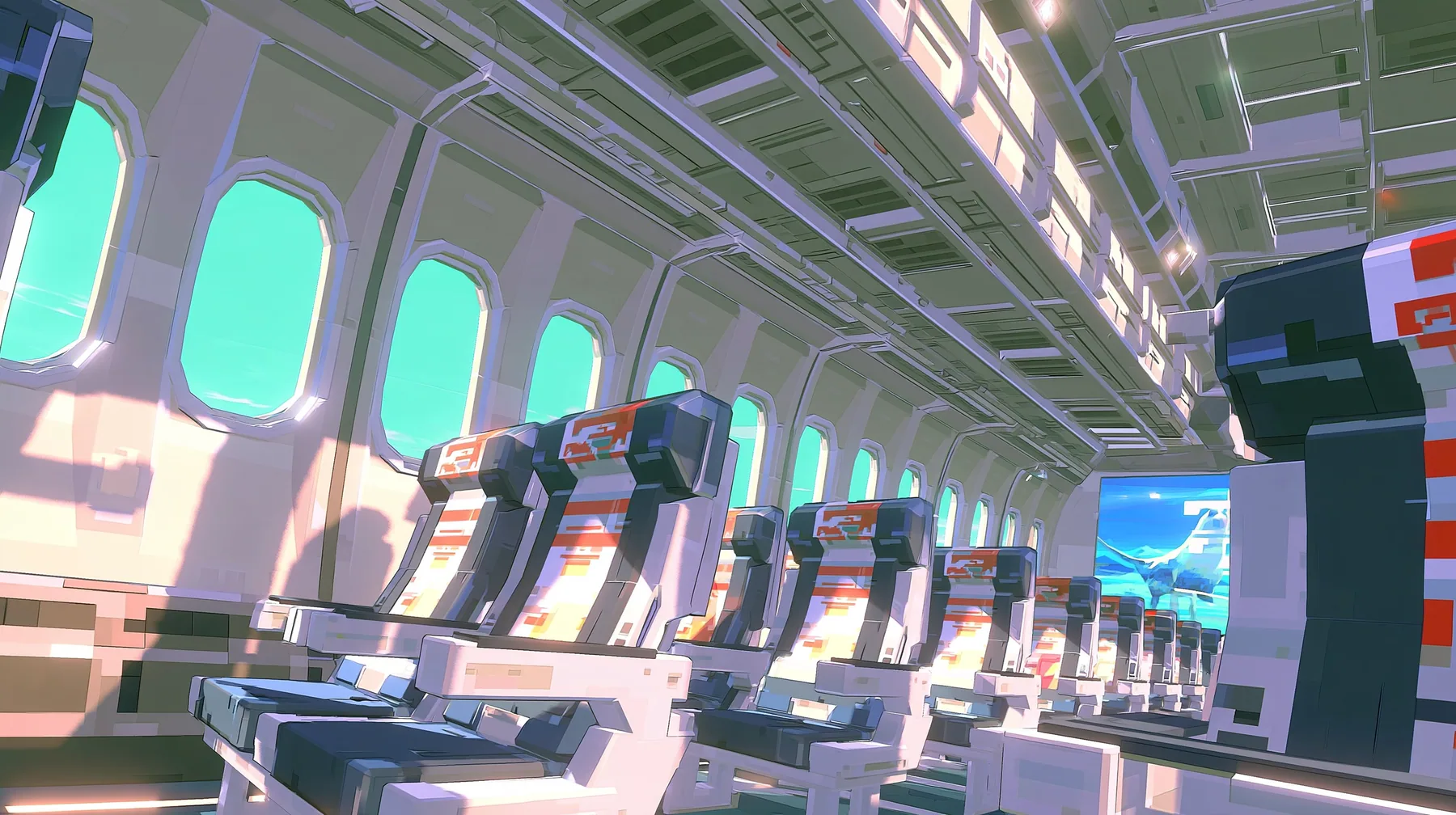 The inside of a low-poly airliner cabin, rows of chunky seats, oval windows full of cyan sky, a low-poly 3D video game render, flat-shaded chunky polygons, low-resolution painted textures, crisp aliased edges, toon…