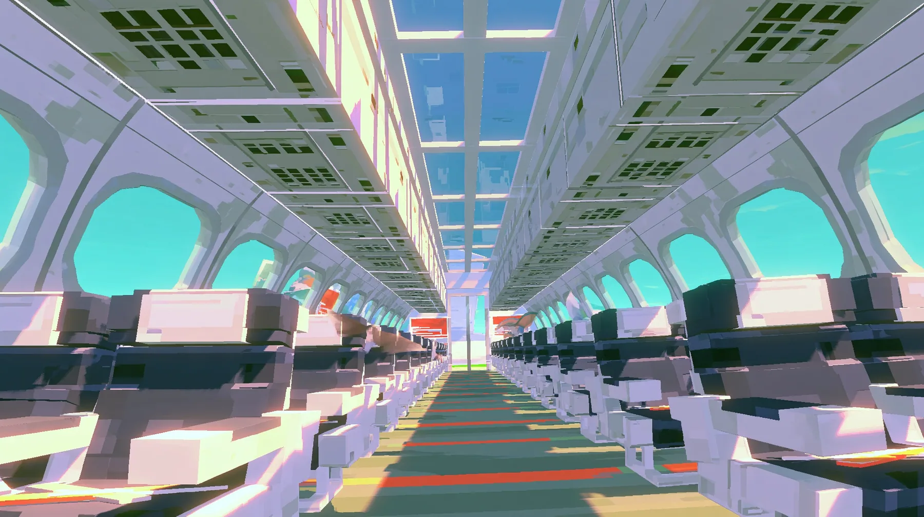 The inside of a low-poly airliner cabin, rows of chunky seats, oval windows full of cyan sky, a low-poly 3D video game render, flat-shaded chunky polygons, low-resolution painted textures, crisp aliased edges, toon…