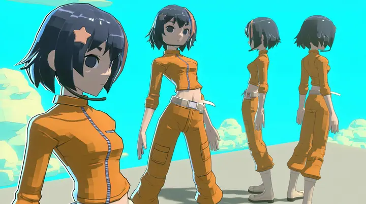 A character turnaround sheet, front, three-quarter, side and back views of a low-poly 3D video game heroine, a grown woman in her late twenties with a slim adult figure, a chunky faceted glossy black blunt bob…