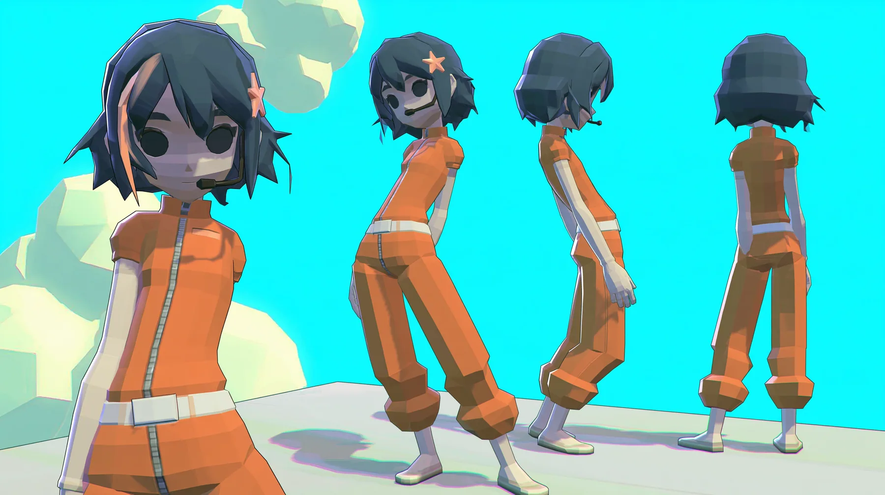 A character turnaround sheet, front, three-quarter, side and back views of a low-poly 3D video game heroine, a grown woman in her late twenties with a slim adult figure, a chunky faceted glossy black blunt bob…