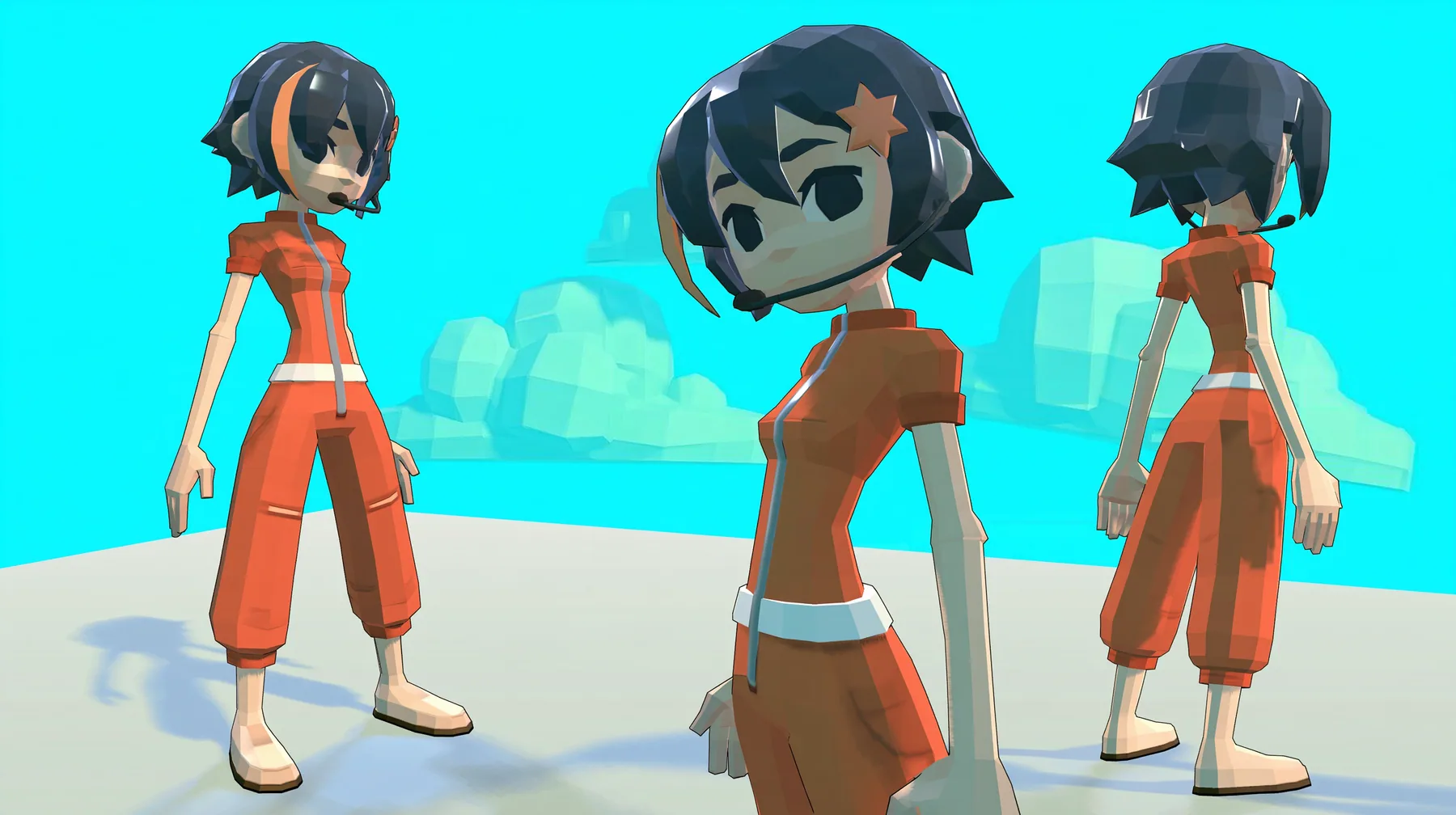 A character turnaround sheet, front, three-quarter, side and back views of a low-poly 3D video game heroine, a grown woman in her late twenties with a slim adult figure, a chunky faceted glossy black blunt bob…
