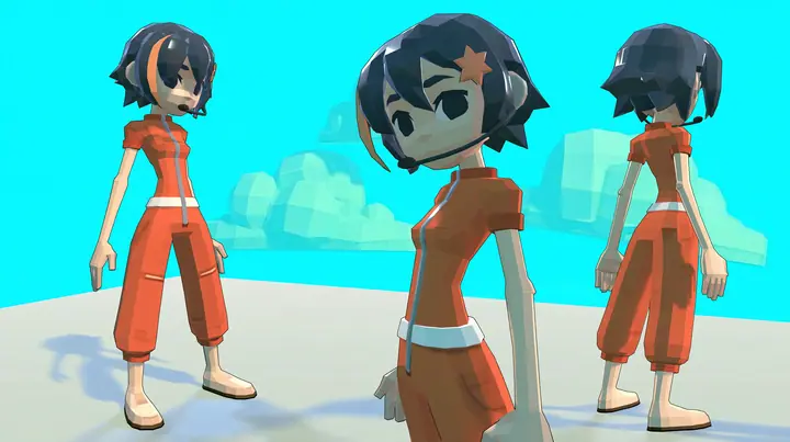 A character turnaround sheet, front, three-quarter, side and back views of a low-poly 3D video game heroine, a grown woman in her late twenties with a slim adult figure, a chunky faceted glossy black blunt bob…