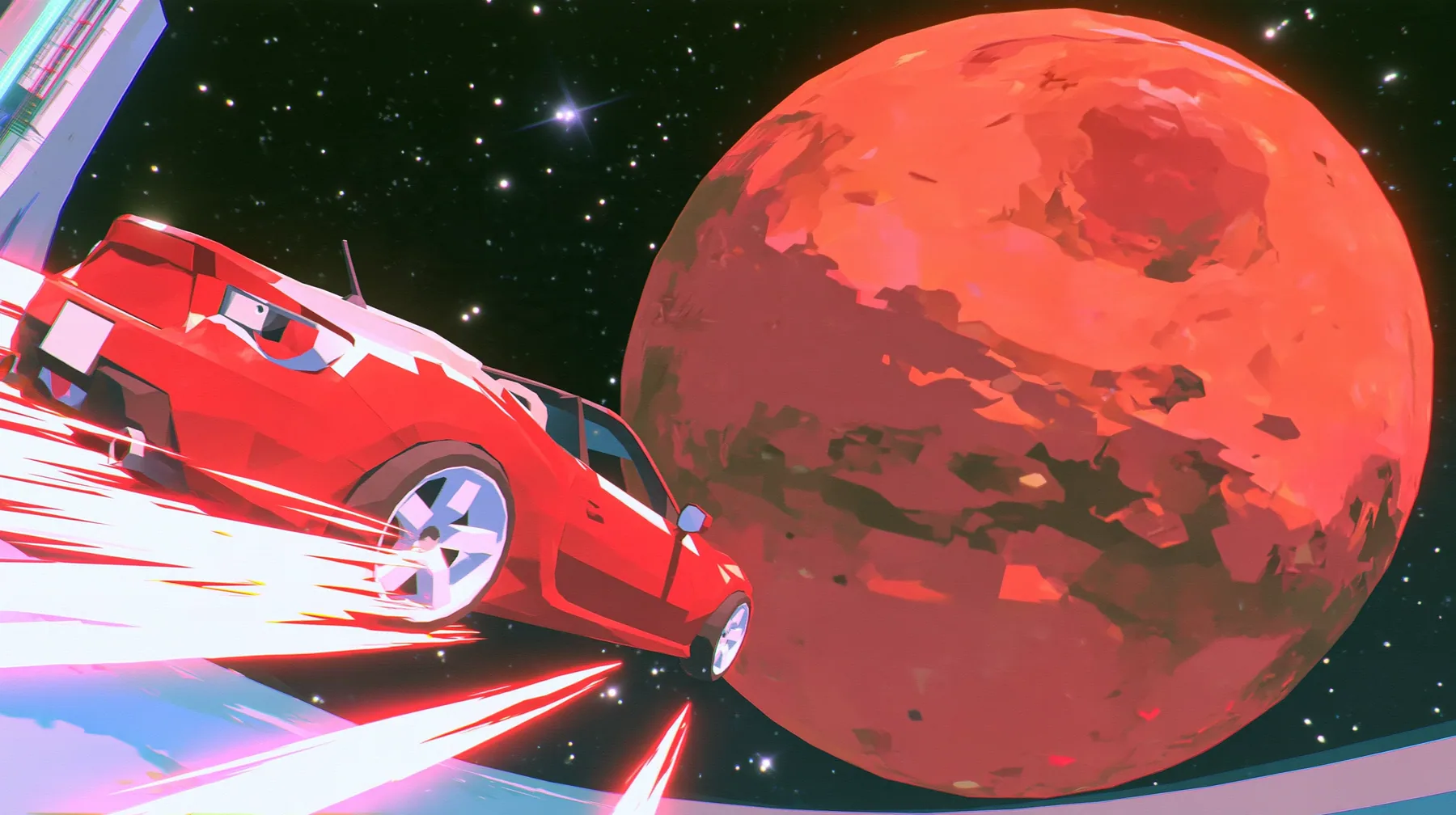 A low-poly red planet Mars hanging in a black starfield, a tiny low-poly cherry-red convertible sports car drifting in front of it, a low-poly 3D video game render, flat-shaded chunky polygons, low-resolution painted…