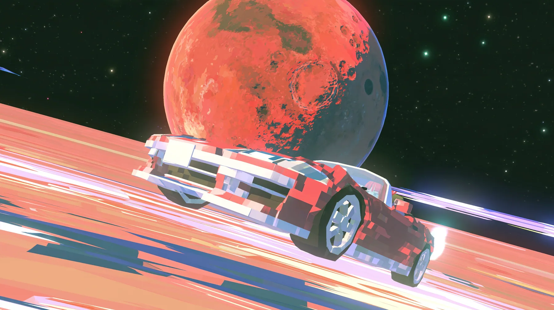 A low-poly red planet Mars hanging in a black starfield, a tiny low-poly cherry-red convertible sports car drifting in front of it, a low-poly 3D video game render, flat-shaded chunky polygons, low-resolution painted…