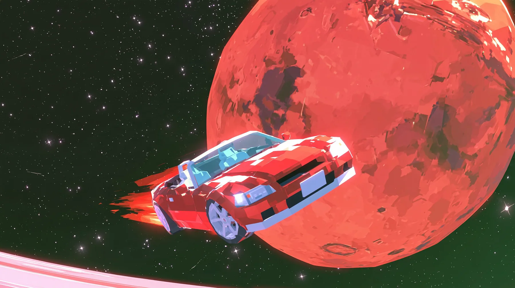 A low-poly red planet Mars hanging in a black starfield, a tiny low-poly cherry-red convertible sports car drifting in front of it, a low-poly 3D video game render, flat-shaded chunky polygons, low-resolution painted…