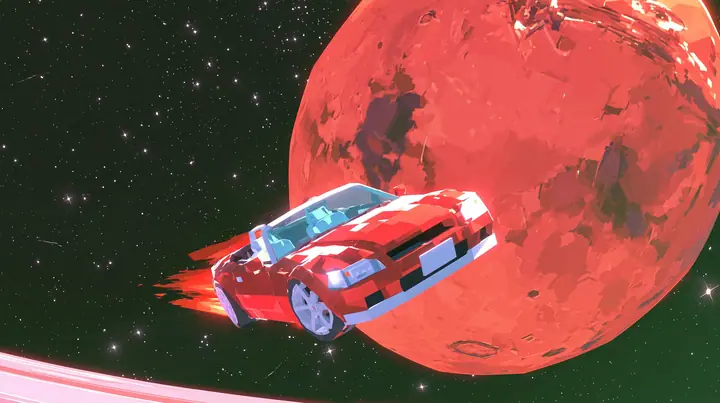 A low-poly red planet Mars hanging in a black starfield, a tiny low-poly cherry-red convertible sports car drifting in front of it, a low-poly 3D video game render, flat-shaded chunky polygons, low-resolution painted…