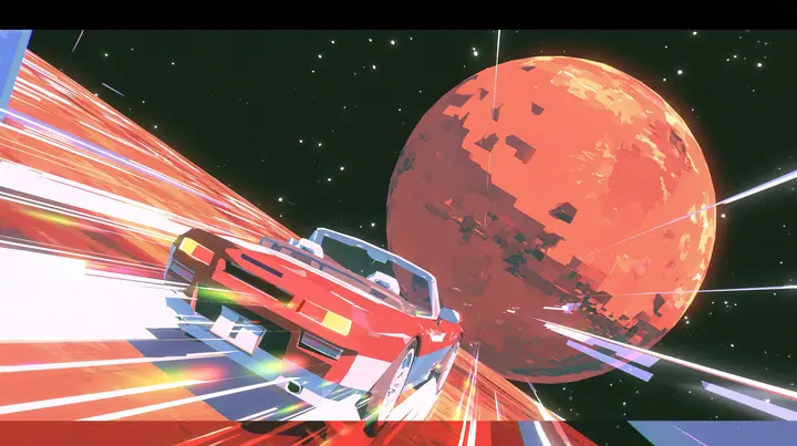 A low-poly red planet Mars hanging in a black starfield, a tiny low-poly cherry-red convertible sports car drifting in front of it, a low-poly 3D video game render, flat-shaded chunky polygons, low-resolution painted…