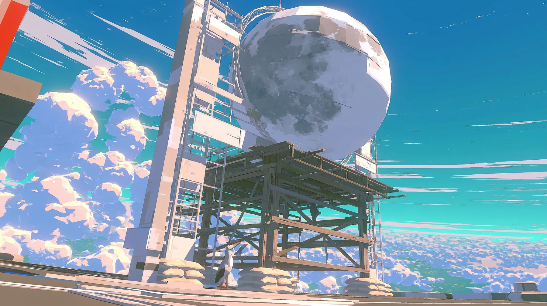 A low-poly full moon on a wooden stage-prop stand with visible struts and sandbags, standing above low-poly clouds against the sky like a theatre set piece, a low-poly 3D video game render, flat-shaded chunky…