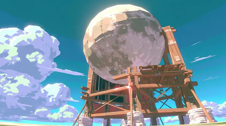 A low-poly full moon on a wooden stage-prop stand with visible struts and sandbags, standing above low-poly clouds against the sky like a theatre set piece, a low-poly 3D video game render, flat-shaded chunky…
