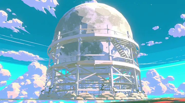 A low-poly full moon on a wooden stage-prop stand with visible struts and sandbags, standing above low-poly clouds against the sky like a theatre set piece, a low-poly 3D video game render, flat-shaded chunky…