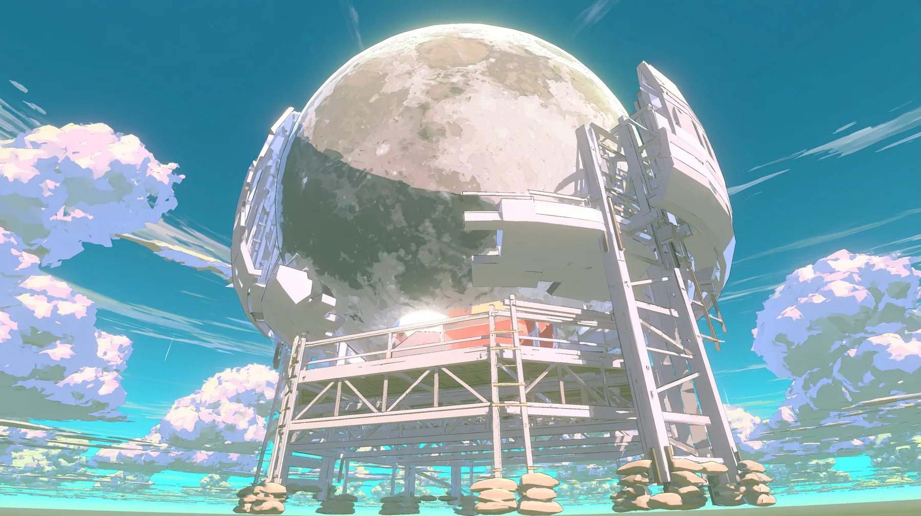 A low-poly full moon on a wooden stage-prop stand with visible struts and sandbags, standing above low-poly clouds against the sky like a theatre set piece, a low-poly 3D video game render, flat-shaded chunky…