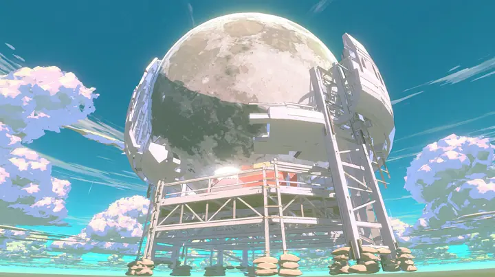 A low-poly full moon on a wooden stage-prop stand with visible struts and sandbags, standing above low-poly clouds against the sky like a theatre set piece, a low-poly 3D video game render, flat-shaded chunky…