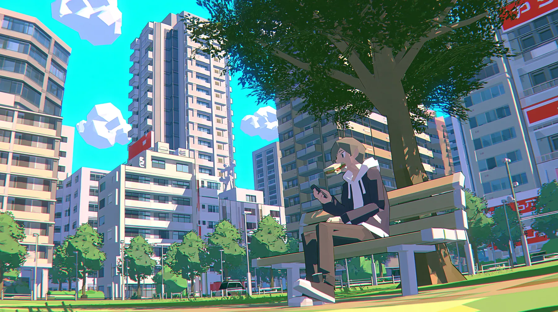 A low-poly city park at noon, a park bench under a faceted tree, a man in a hoodie sitting on the bench mid-bite of a huge sandwich looking at his phone, a low-poly 3D video game render, flat-shaded chunky polygons,…