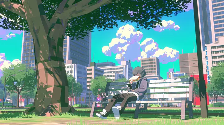 A low-poly city park at noon, a park bench under a faceted tree, a man in a hoodie sitting on the bench mid-bite of a huge sandwich looking at his phone, a low-poly 3D video game render, flat-shaded chunky polygons,…