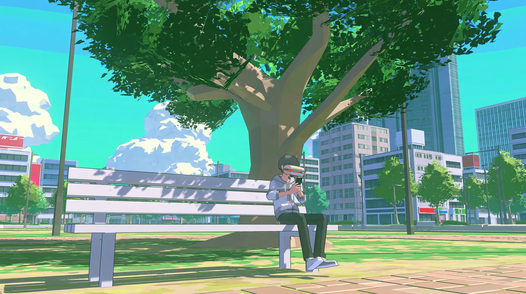 A low-poly city park at noon, a park bench under a faceted tree, a man in a hoodie sitting on the bench mid-bite of a huge sandwich looking at his phone, a low-poly 3D video game render, flat-shaded chunky polygons,…