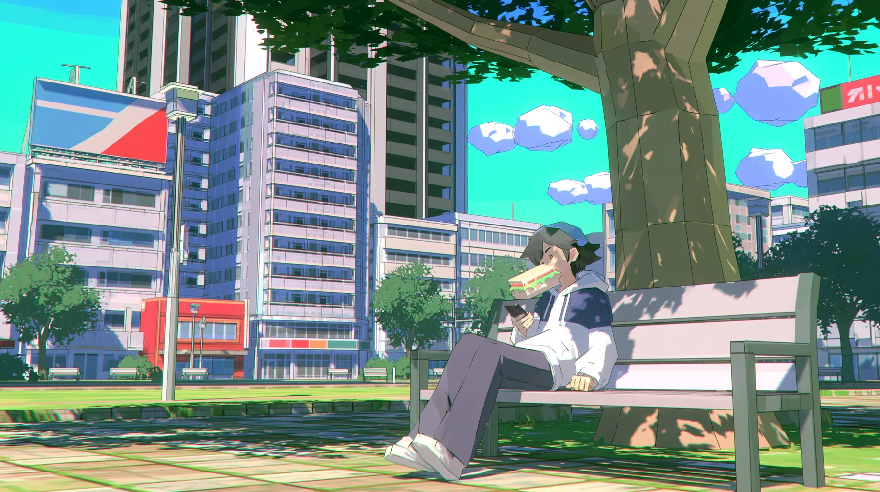 A low-poly city park at noon, a park bench under a faceted tree, a man in a hoodie sitting on the bench mid-bite of a huge sandwich looking at his phone, a low-poly 3D video game render, flat-shaded chunky polygons,…