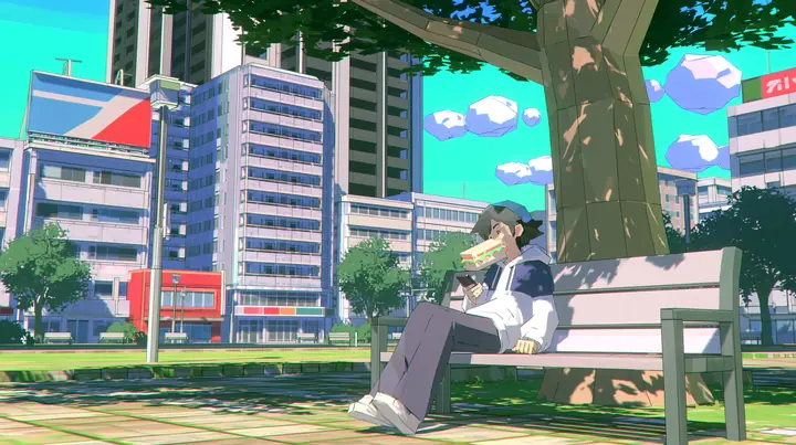 A low-poly city park at noon, a park bench under a faceted tree, a man in a hoodie sitting on the bench mid-bite of a huge sandwich looking at his phone, a low-poly 3D video game render, flat-shaded chunky polygons,…