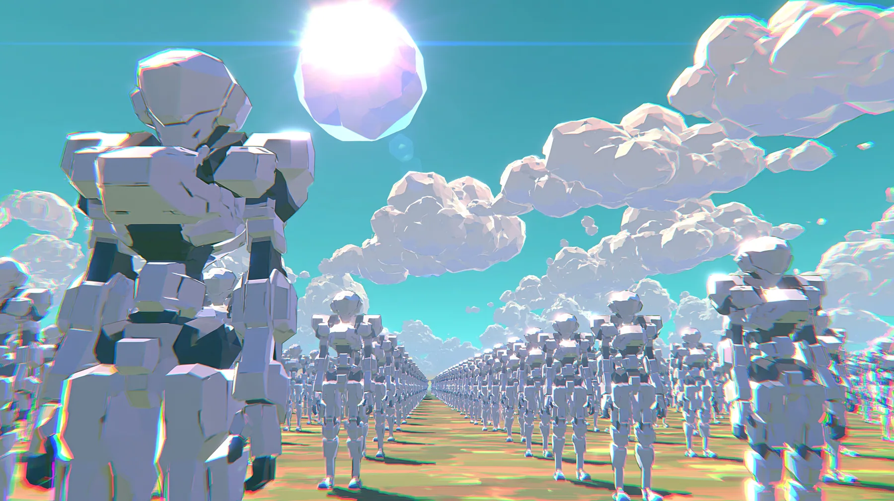 A vast flat plain filled to the horizon with thousands of identical low-poly white humanoid robots in perfect rows under a giant low-poly sun, a low-poly 3D video game render, flat-shaded chunky polygons,…