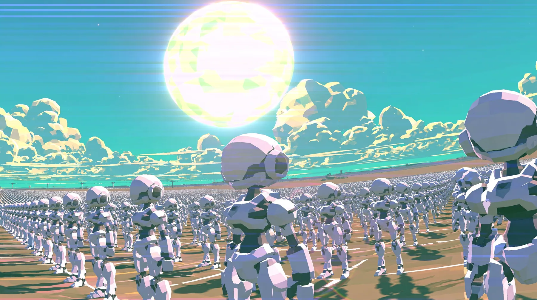 A vast flat plain filled to the horizon with thousands of identical low-poly white humanoid robots in perfect rows under a giant low-poly sun, a low-poly 3D video game render, flat-shaded chunky polygons,…