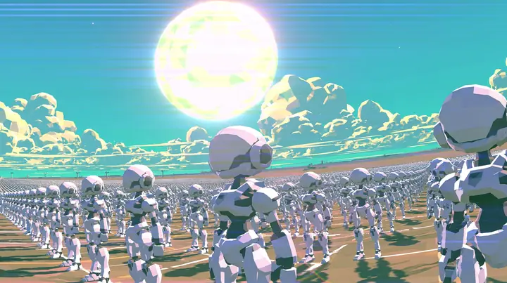 A vast flat plain filled to the horizon with thousands of identical low-poly white humanoid robots in perfect rows under a giant low-poly sun, a low-poly 3D video game render, flat-shaded chunky polygons,…