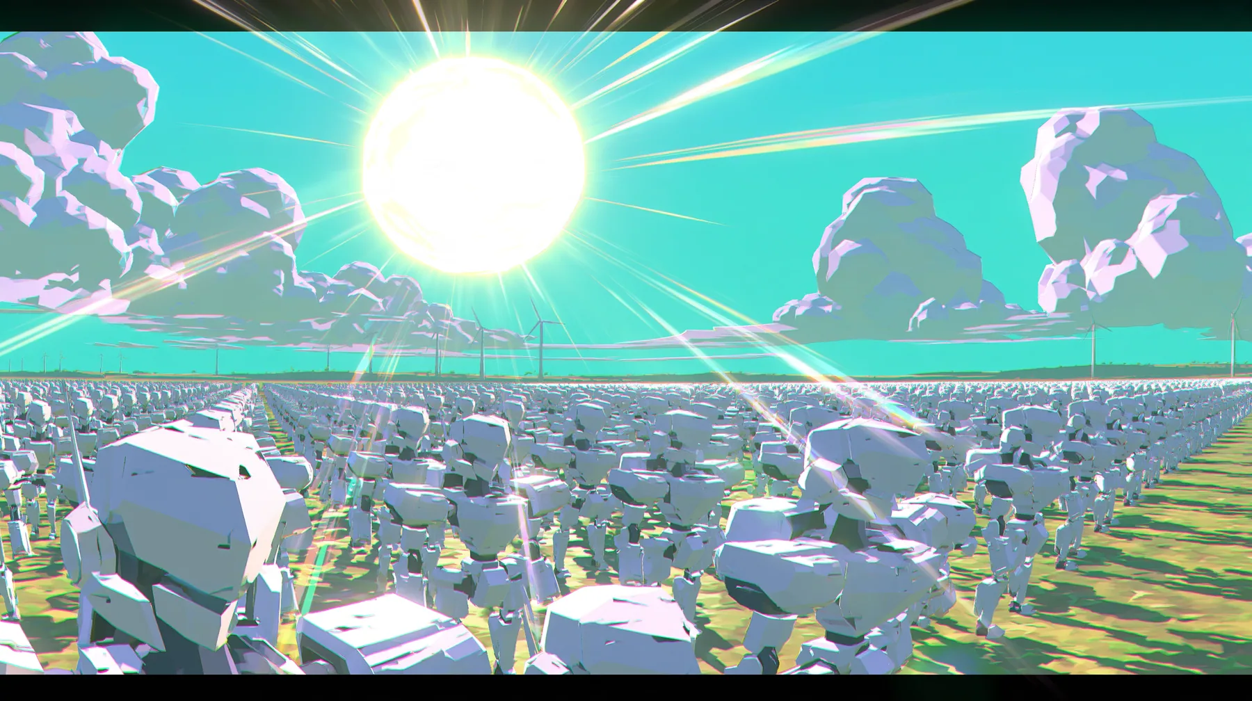 A vast flat plain filled to the horizon with thousands of identical low-poly white humanoid robots in perfect rows under a giant low-poly sun, a low-poly 3D video game render, flat-shaded chunky polygons,…