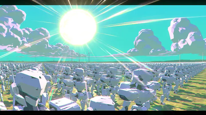 A vast flat plain filled to the horizon with thousands of identical low-poly white humanoid robots in perfect rows under a giant low-poly sun, a low-poly 3D video game render, flat-shaded chunky polygons,…
