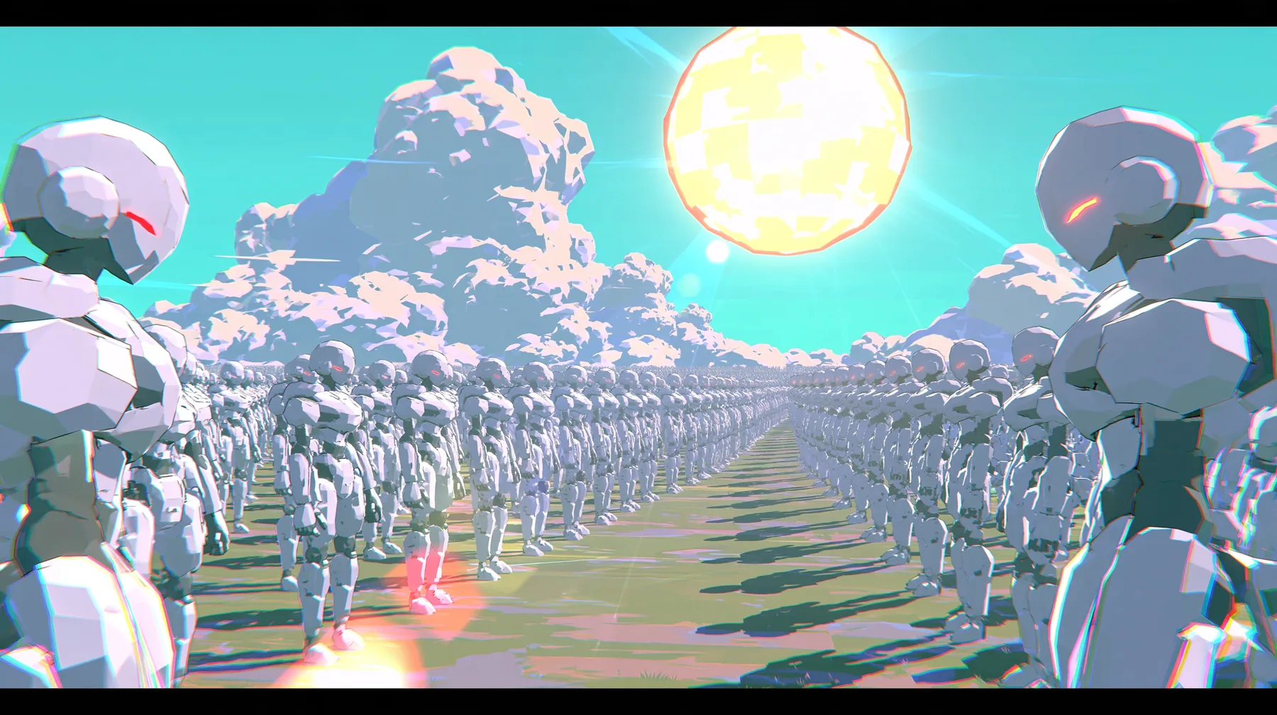 A vast flat plain filled to the horizon with thousands of identical low-poly white humanoid robots in perfect rows under a giant low-poly sun, a low-poly 3D video game render, flat-shaded chunky polygons,…