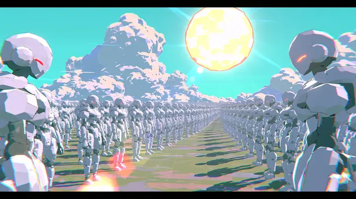 A vast flat plain filled to the horizon with thousands of identical low-poly white humanoid robots in perfect rows under a giant low-poly sun, a low-poly 3D video game render, flat-shaded chunky polygons,…