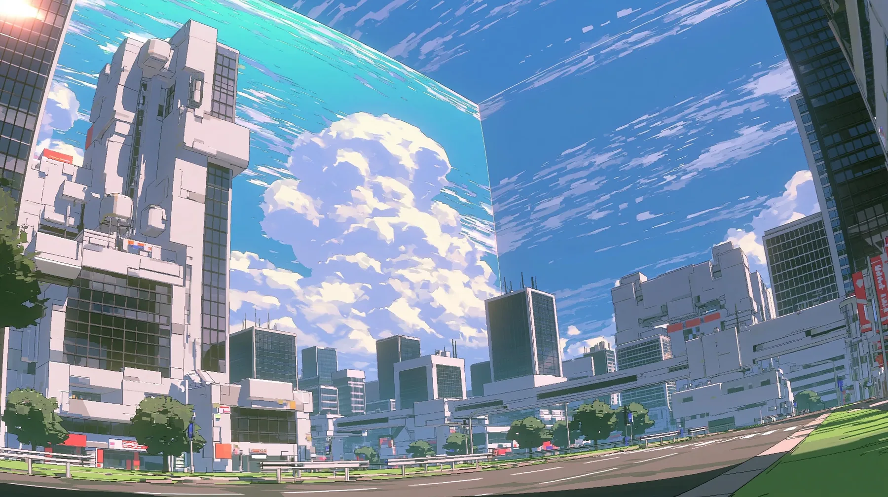 A low-poly world where the sky is a giant cube: the blue sky and clouds are painted on flat walls that meet at visible seams and corners above a low-poly city, a low-poly 3D video game render, flat-shaded chunky…