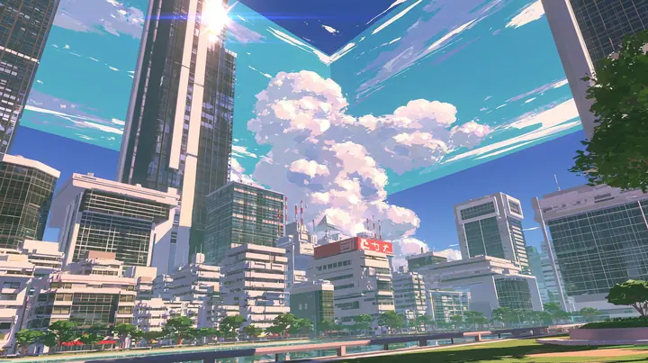 A low-poly world where the sky is a giant cube: the blue sky and clouds are painted on flat walls that meet at visible seams and corners above a low-poly city, a low-poly 3D video game render, flat-shaded chunky…
