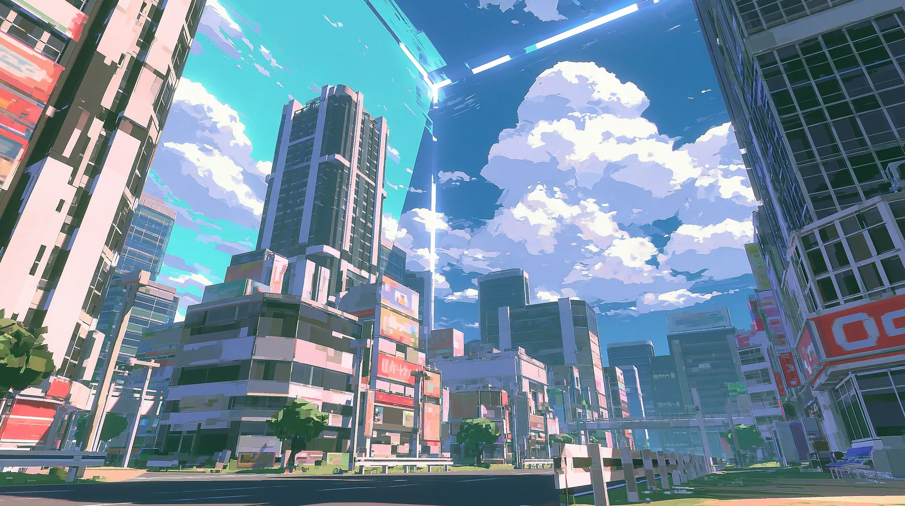 A low-poly world where the sky is a giant cube: the blue sky and clouds are painted on flat walls that meet at visible seams and corners above a low-poly city, a low-poly 3D video game render, flat-shaded chunky…