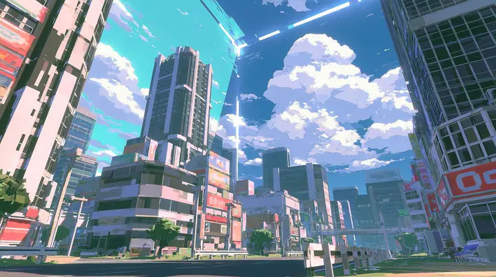 A low-poly world where the sky is a giant cube: the blue sky and clouds are painted on flat walls that meet at visible seams and corners above a low-poly city, a low-poly 3D video game render, flat-shaded chunky…