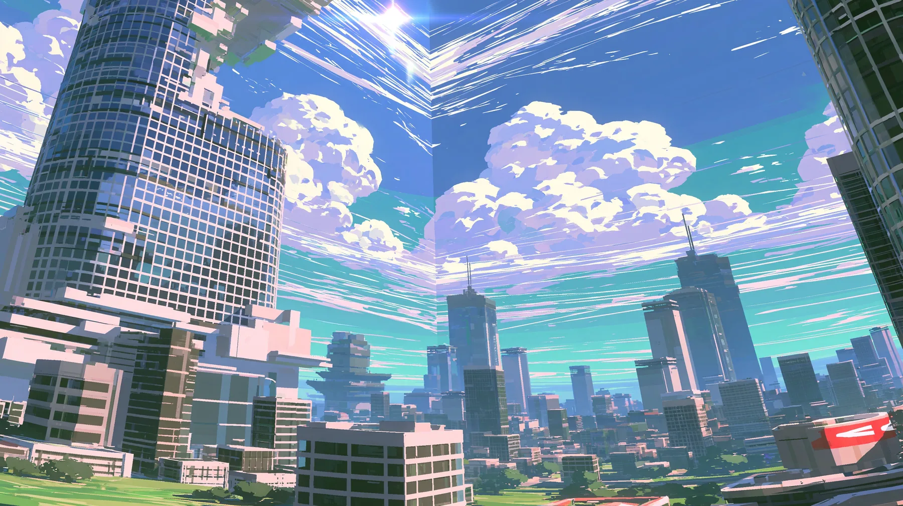 A low-poly world where the sky is a giant cube: the blue sky and clouds are painted on flat walls that meet at visible seams and corners above a low-poly city, a low-poly 3D video game render, flat-shaded chunky…