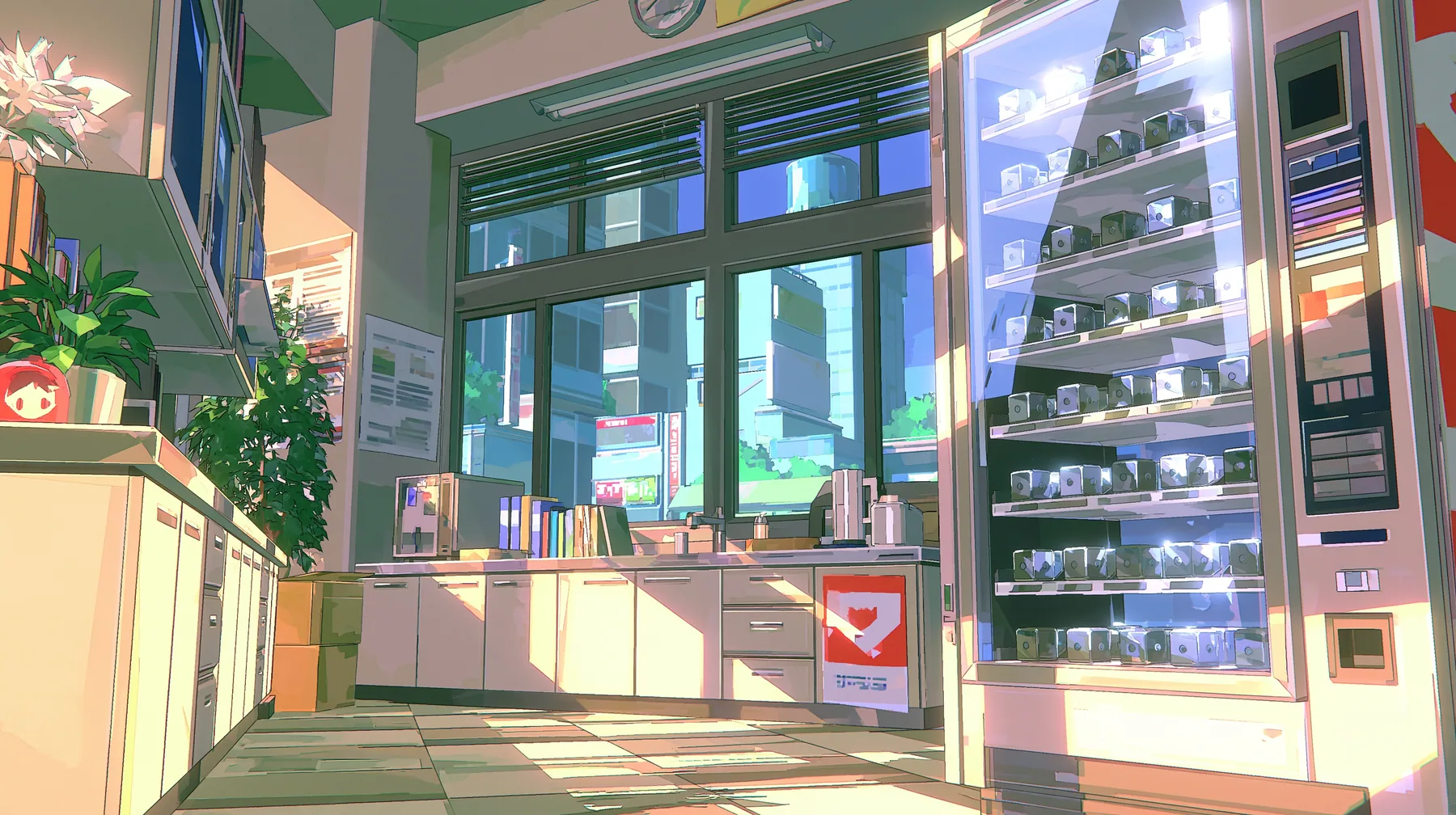 A low-poly office kitchen with a glass-front vending fridge full of small shiny metal cubes, a low-poly 3D video game render, flat-shaded chunky polygons, low-resolution painted textures, crisp aliased edges, warm…