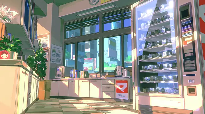 A low-poly office kitchen with a glass-front vending fridge full of small shiny metal cubes, a low-poly 3D video game render, flat-shaded chunky polygons, low-resolution painted textures, crisp aliased edges, warm…