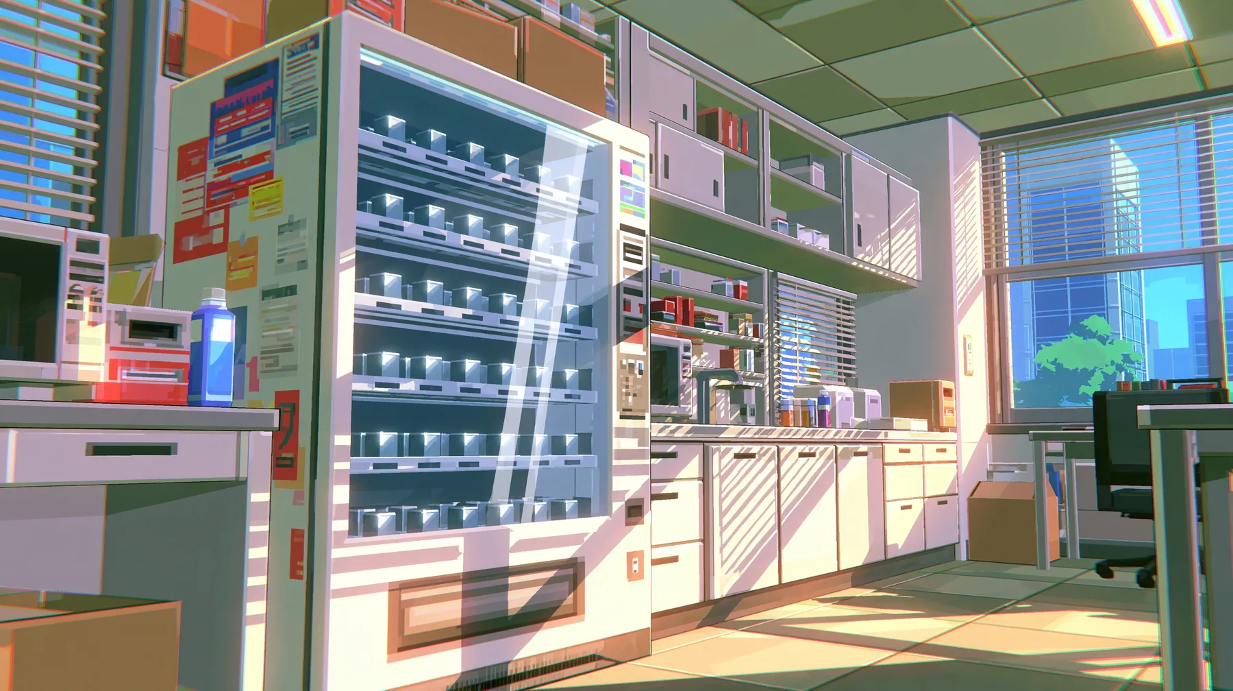 A low-poly office kitchen with a glass-front vending fridge full of small shiny metal cubes, a low-poly 3D video game render, flat-shaded chunky polygons, low-resolution painted textures, crisp aliased edges, warm…