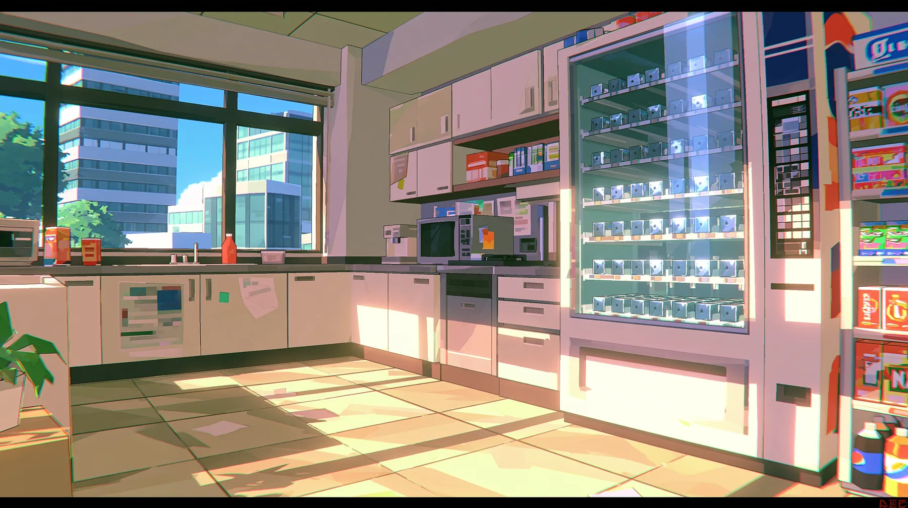 A low-poly office kitchen with a glass-front vending fridge full of small shiny metal cubes, a low-poly 3D video game render, flat-shaded chunky polygons, low-resolution painted textures, crisp aliased edges, warm…