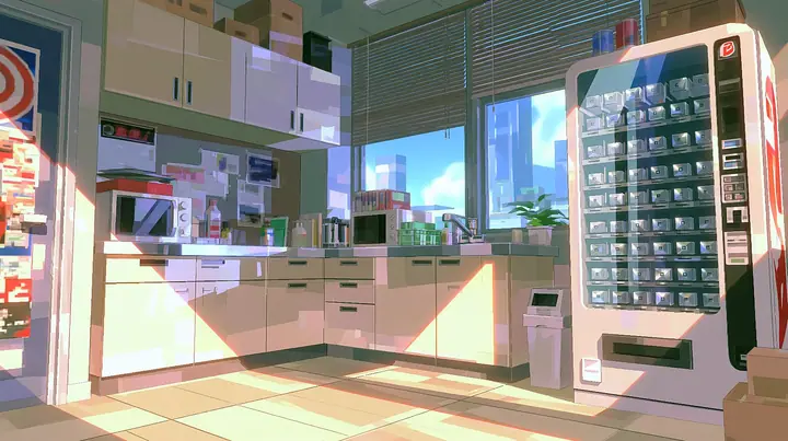 A low-poly office kitchen with a glass-front vending fridge full of small shiny metal cubes, a low-poly 3D video game render, flat-shaded chunky polygons, low-resolution painted textures, crisp aliased edges, warm…